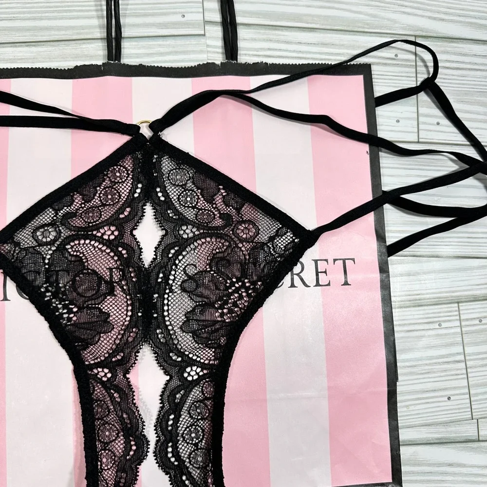 NWT Victoria's Secret High Leg Cheeky Lace Lingerie Strappy Gold Accent Sexy L - Picture 2 of 5